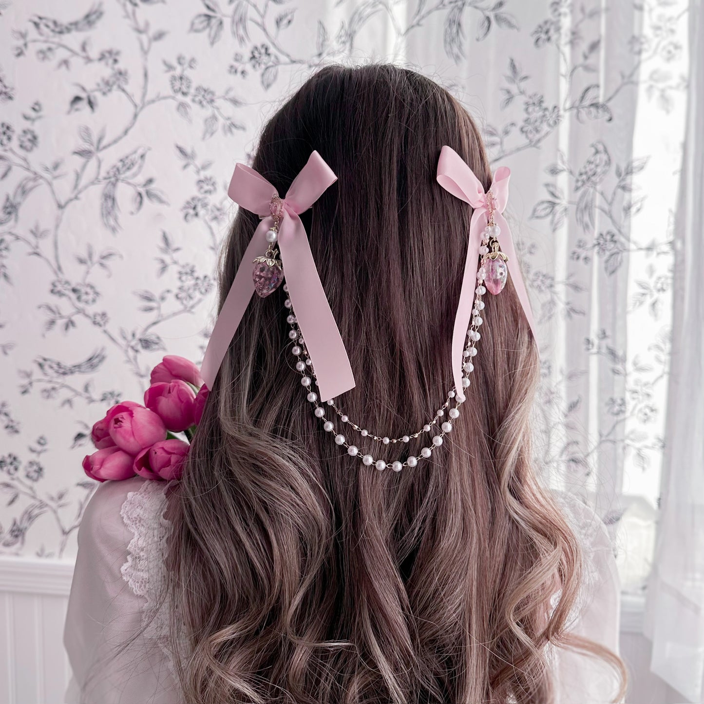 Pink Strawberry Princess bow set